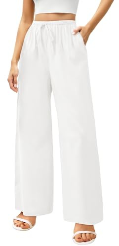 Zhiaek Pantalon Lin Femme Été Décontractés Pantalons Large Femme Fluide Mode Coton Lin Confortable Jogging Plage Rétro Pants Taille Elastique avec Poches Blanc L