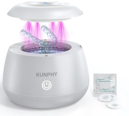 Ultrasonic Retainer Cleaner：KUNPHY 48kHz Ultrasonic Cleaner with Retainer Cleaning Tablets for Aligner, Nightguards, Sport Mouth Guards, Braces, Toothbrush Heads, Denture