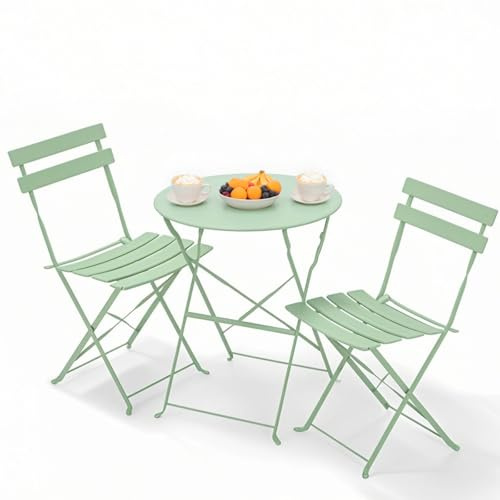 Clevich Bistro Set Balkon Metall, Balkonmöbel Set 3 teilig, Bistrotisch mit 2 Stühlen, Gartenmöbel-Set Outdoor Sitzgruppe, Faltbar und Wetterfest, für Gärten, Terrassen, Grün