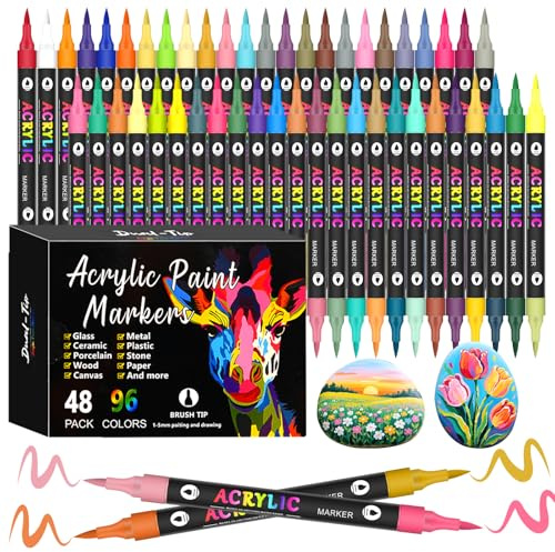 VividHues 96 Couleurs 48 Feutres Acrylique - Dual Tips Marqueur Acrylique à Pointe Pinceau, Acrylic Paint Marker Feutres Acryliques pour Peinture sur Bois, Toile, Verre, Céramique, DIY