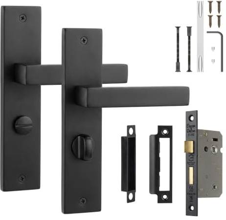 Decoranddecor Lumina Matt Black Bathroom Door Handles with Lock Kit | Matte black bathroom door handles with mortice lock kit - thumb turn privacy set, interior WC and toilet doors