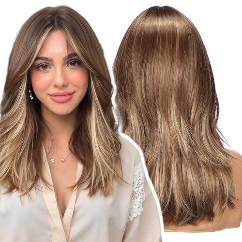 WOKESTAR Natural Long Wigs for Women with Fringe Synthetic Heat Resistant Hair Brown with Highlights Wig for Daily Party Cosplay Use