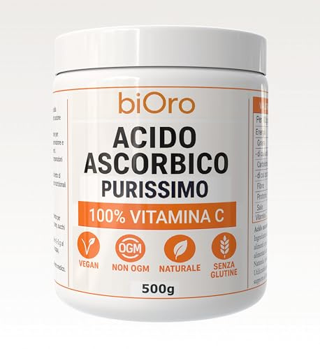 biOro Acido Ascorbico Purissimo 500g | 100% Vitamina C in Polvere Alimentare (E300) | Vegan, Naturale, Senza Glutine e Non OGM | Antiossidante e Conservante per Alimenti