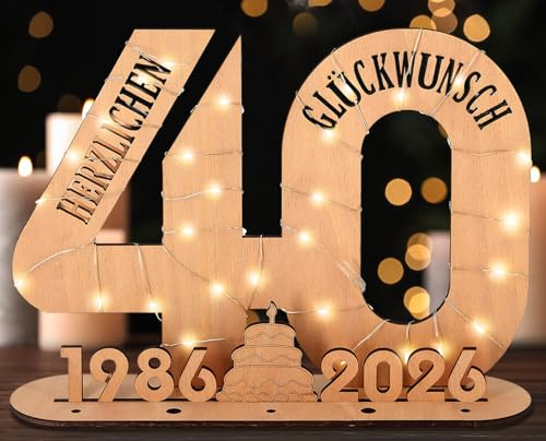Giftota - 2026 Originelle 40 Geburtstag Geschenk Frauen & Männer - 40 Rubinhochzeit - Geldgeschenke 40 mit LED Lichterkette Ständer - Holz-Schild Gästebuch - 40 Geburtstag Deko - Hochzeitsgeschenke