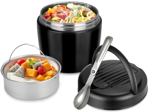 Romon Warmhaltebehälter Essen 1200ml BPA-freiem Edelstahl-Thermoschüssel mit Deckel Thermo Lunchbox mit Faltbarer Löffel ideal für Familie Outdoor Schwarz