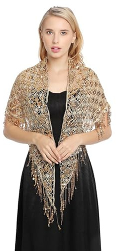 Schimmernder, goldfarbener glitzernder Schal, Dreieckstuch mit Quasten, für besondere Anlässe, Tanzaufführungen, Dreieckstuch für Abendkleid, gold, Einheitsgröße