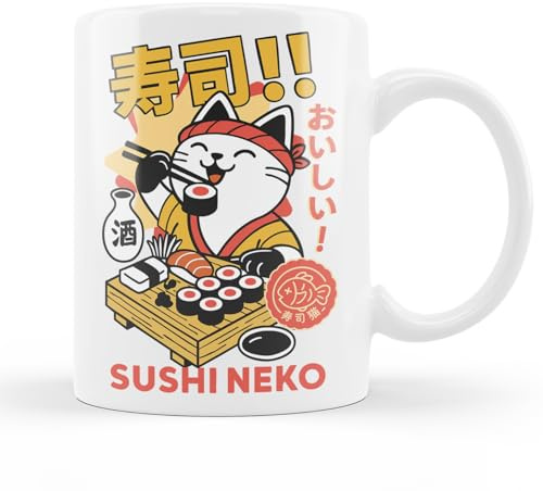 Tazza Sushi Neko divertente | Tazza in ceramica giapponese 325 ml | Regalo originale per gli amanti del sushi, gatti e cultura giapponese | Lavabile in lavastoviglie e microonde