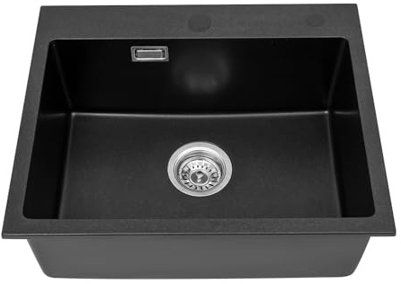 Fregadero de cocina con 1 lavabo, empotrable, 55 x 45 cm, con grifo, piedra de cuarzo, fregadero de granito empotrado, fregadero mineral con un arco negro, superficie robusta compuesta de cuarzo