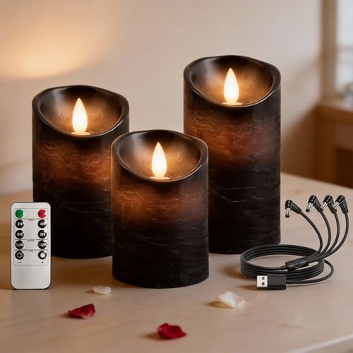 RosMank 3er Set LED-Kerzen, mit 10-Tasten-Fernbedienung, Flammenlos, aus Echtem Wachs, mit Flackernder Flamme, Dekoration für Weihnachten, Geburtstag, Hochzeit und Party, Schwarz