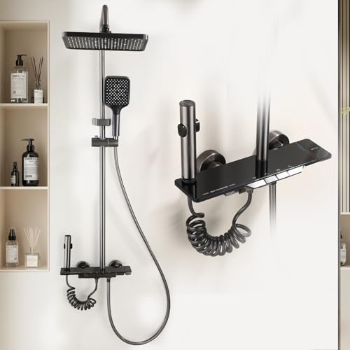 CALISTOUK Columna de Ducha Negro con 4 Botones de Piano, Sistema de Ducha con Rociador de Lluvia y Ducha de Mano, Conjunto de Ducha Ajustable en Altura 67-107cm para Baño-D5