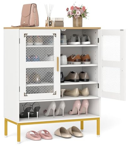COSTWAY 5-Stegs Skoskåp med Nätdörrar, Skobyrå med Justerbara Hyllor och Metallben, Skoförvaring Organisatör för Entré, Hall och Vardagsrum Vit 70 x 35 x 93 cm