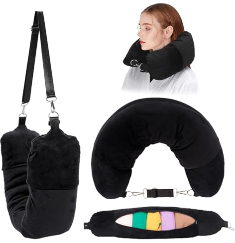 FOSDICK Cuscino Viaggio Riempibile, Cuscino da Viaggio Multifunzionale a Forma di U, Cuscinos Collo Viaggios per Viaggiare In Auto o In Aereo, con Tracolla Regolabile Staccabile