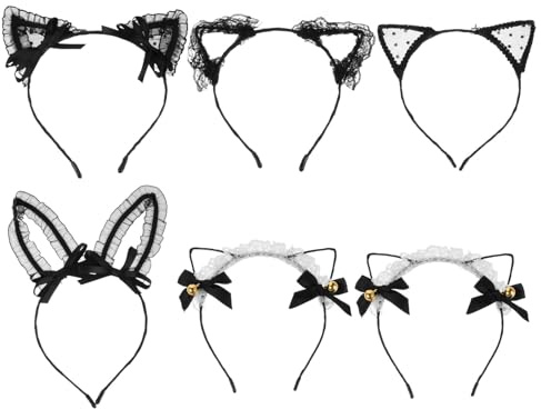 IMIKEYA Diadema con Orejas de Gato de Encaje y Lazo con Campana Set de 6 Piezas en Negro Diadema y Elástica para Fiesta Disfraz de Halloween y Nochevieja Accesorio para