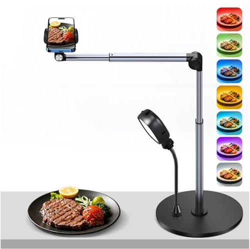 yAyusi Overhead Stativ Handy mit RGB Licht, 30 cm Lang Stativ für Smartphone, Verstellbar und Handy Stativ Tisch,9 Lichtfarben&10 Helligkeiten 360° Drehbar, Flexibel Dimmbar für Stream TikTok YouTube