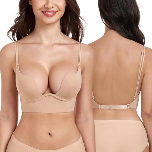 DotVol Women's Plunge Low Cut Push Up Underwire Backless Bra(Nude,34C)