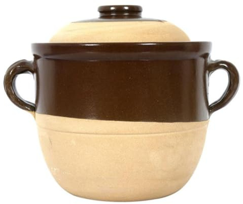 COOLHIYA Olla de Barro para Guisar Doble Asa, Capacidad 2l, Material Loza Khaki, Transferencia de Calor y Mango Antiadherente para Cocina