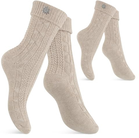 Celodoro Calcetines para traje tradicional para hombre y mujer (2 pares) con pin, calcetines Oktoberfest, beige, 43-46