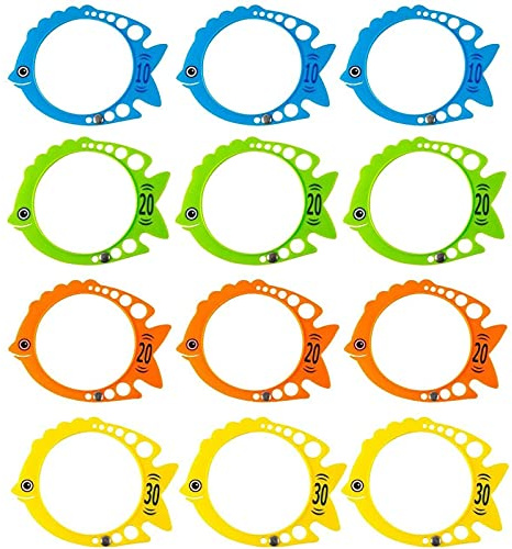 Infinite Curiosity Fish-Shaped Sinking Swim-Through Pool Rings - Pool Ring Toss Challenge - Color Race Game - Swim Diving Hoops for Kids & Water Party Favors - Pack of 12, 7 x 6 in, Multicolor