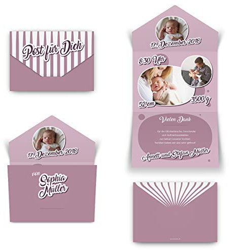 40 x Geburt Danksagungskarten Geburtskarten individuell mit Ihren Fotos und Texten als Klappkarte mit Steckverschluss für Mädchen - Post für Dich Rosa