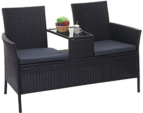 Mendler Poly-Rattan Sitzbank mit Tisch HWC-E24 - schwarz, Kissen dunkelgrau | Gartenbank, Sitzgruppe, Gartensofa, 132cm