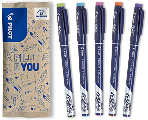 PILOT FriXion Fineliner, raderbar fineliner, set om 5 (ljusgrön, ljusblå, rosa, orange, lila)