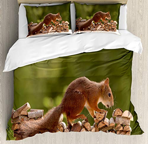 ABAKUHAUS Squirrel Duvet Cover Set, Nutcracker on Woods Design, Bedding Set 3 Pieces with 2 Pillow Shams, 230 x 220 cm - 70 x 50 cm, Brown Pale Olive Green