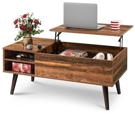 WLIVE Coffee Table with Lifting Top, Hidden Storage & Adjustable Shelf for Living Room Small Space, Multifunctional Rising Wooden Center Table, Mid Century Modern Tables for Home Dining Office, Brown