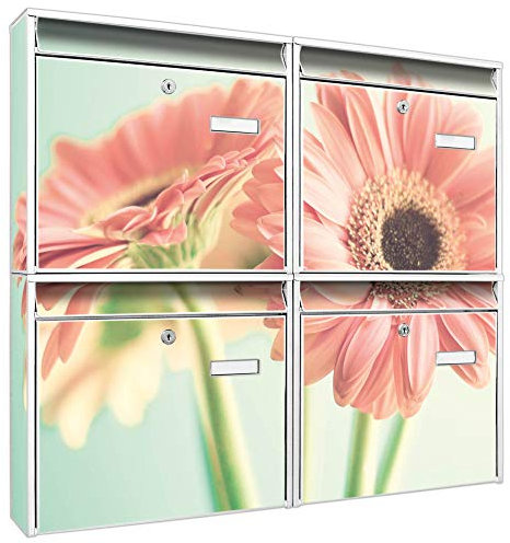 banjado Briefkastenanlage 4 Fach - Postkästen groß - verzinkter Stahl weiß DIN A4 Motiv Fünf Gerbera - Briefkasten Set 4 Briefkästen Namensschild, 2 Schlüssel, Montagematerial