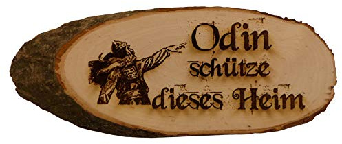 Odin schütze Dieses Heim Baumscheibe Rindenscheibe Spruch Gravur Schild Geschenk Holz Erle unbehandelt + Aufhänger (1002 33-40 cm)