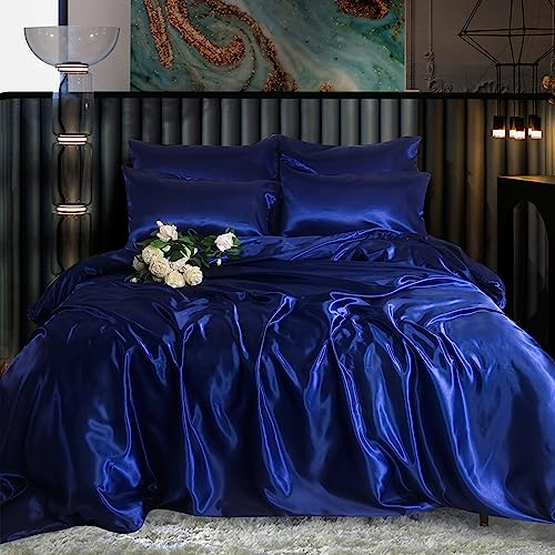 ROOEE Set completo di biancheria da letto in raso di seta, 6 pezzi, lenzuolo con angoli, copripiumino, 4 federe. Colore: blu navy, misura super king