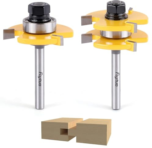 Flytuo 2-teiliges Feder- und Nut-Set, 1/4-Zoll-Schaft-Fräser-Set, 3 Zähne, verstellbare T-Form, Hartmetall-Holzfräser