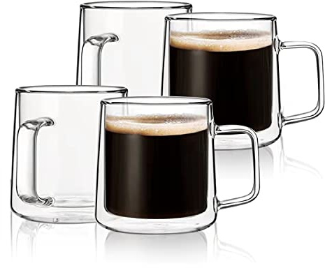CNGLASS 10oz Glass Coffee Mugs,Double Wall Insulated Glass Mugs with Handle,Clear Espresso Mug for Latte,Cappuccino,Tea Bag,Set of 4