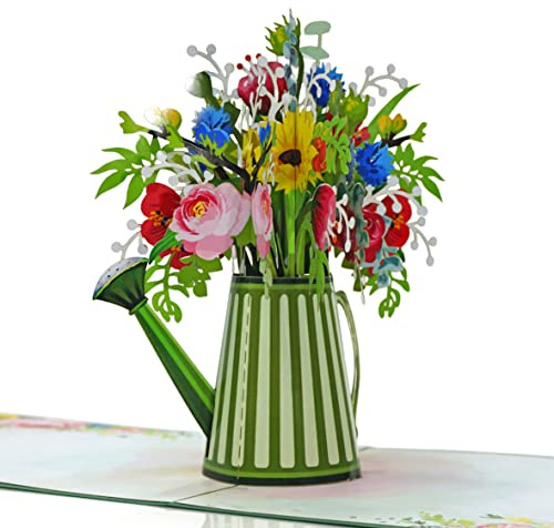 CUTPOPUP Vattenkanna, gratulationskort för kvinnor, mors dag-kort, popup, blommor, 3D-gratulationskort, jubileumskort (vattenkanna med blommor).