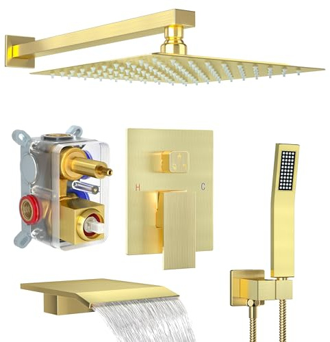 Fatspas Duschsystem med badkarsutlopp, 30,48 cm borstad guld duschkran set med regn handhållen, väggmonterad blandare duschkombo-set, badrum med högtrycksduschhuvud och 3-vägs duschventilsats