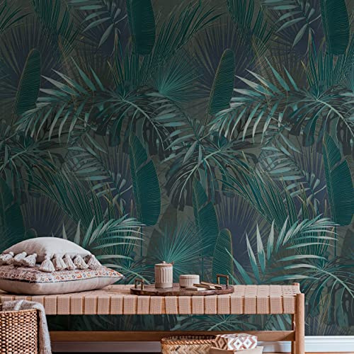 Livingwalls Travel Styles Papier peint non tissé Motif feuille de palmier Bleu et bleu Papier peint mural tropical pour différentes pièces 1,59 m x 2,80 m