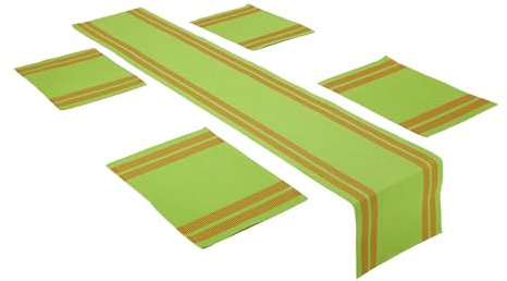 Encasa XO Chemin de Table et Set de Nappes 4 | Coton à Fines Côtes | Échelle Verte | 1 Chemin de Table 32x137 cm et Chaque Nappe 48x32 cm