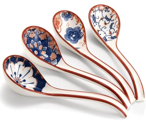 BOEEA Asiatische Suppenlöffel aus Keramik 4er Set, Japanische Ramen Löffel, Chinesische Suppenlöffel mit Langem Griff für Knödel, Reisnudeln, Wonton