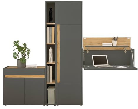 Furn.Design Büromöbel komplett Set in grau matt und Eiche Wotan Holz mit Kommode, Sekretär, Standregal und Hochschrank modern für Homeoffice und Büro Center (Set 3)