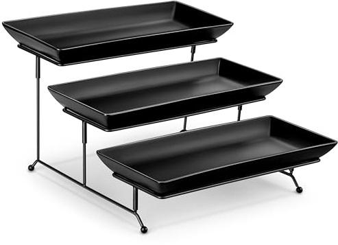 MALACASA Etagere 3 Etagen, 36x15.3cm Servierplatte Steinzeug, Servierplatten mit Zusammenklappbaren Sturdier Stand, Servierplatte Groß für Party Entertaining Obst Dessert Cupcakes(Schwarz)