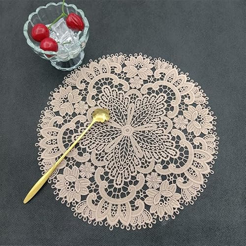 PTNKUIIY 4 Stück Runde Bestickte Tischmatte,26cm Blumenmuster Spitzendeckchen Häkeldeckchen Vintage-Tassenmatte Spitze Platzsets Untersetzer Tischset für Heimdekoration Küche,Party,Hochzeit -Rosa