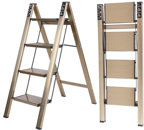 Scala a pioli leggera per gradini, scala leggera in alluminio portatile per uso domestico e ufficio, pedale antiscivolo, capacità 330 lbs (champagne 4 step)