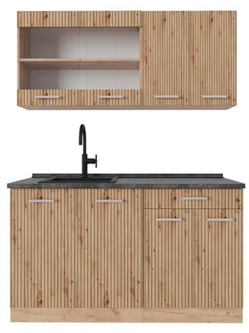 Vicco Singleküche R-Line, Artisan-Eiche/Goldkraft Eiche, 140 cm, AP Anthrazit, geeignet für freistehende oder wandnahe Montage