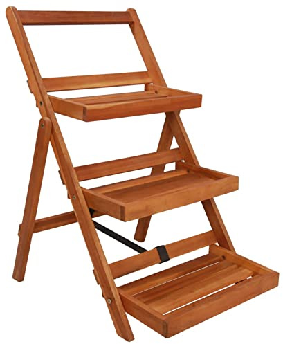 Homgoday Decoración de muebles, pedestal para plantas de 3 niveles, 50 x 63 x 80 cm, madera maciza de acacia, muebles de interior/exterior para salón, oficina