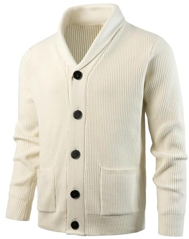 KTWOLEN Hombre Punto Grueso Chaqueta Punto Básico Suéter de Punto De Manga Larga Invierno Cálido Slim Fit JerséIs Cárdigan con Cuello Chal, Beige, M