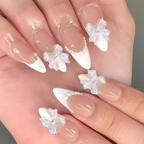 Hebterrka Lot de 24 faux ongles press on nails en forme d'amande, taille moyenne, blanc perlé, 3D, brillants, faux ongles, manucure