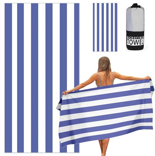 Ainiv Serviette de Plage, Séchage Rapide & Anti-Sable, Drap de Plage, Serviette de Bain, Serviette Piscine pour la Plage, Sport, Voyages, Sauna, Piscine, 80 x 160 cm - Rayure Bleu Foncé
