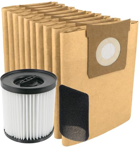 SPARES2GO Cartridge Filter Sleeve + 10 Dust Bags for Titan TTB774VAC TTB775VAC TTB776VAC TTB777VAC 16L 20L 30L 40L Vacuum Cleaner