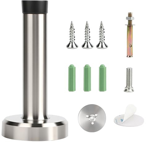 Wall Mounted Door Stop, Heavy Duty Stainless Steel Door Stops with Rubber Buffer, Door stoppers for skirtings, Doorstop with Screws and Adhesive Tape, Protect Doors and Walls(Silver 1 pcs)