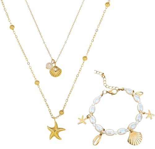 GWAWG Collier Coquillage Femme & Bracelet Doré – Collier Étoile de Mer et Coquillage Été – Bijou Doré Hypoallergénique Plage Vacances – Cadeau Élégant pour Femme Fête Anniversaire