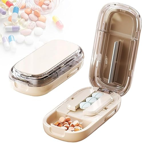 2025 Upgradierter Tragbarer Tabletten-Teiler mit Aufbewahrung – Präziser 2-in-1 Pillen-Schneider für Große, Kleine & Mini-Tabletten – Ideal für Reise, Handtasche & Haushalt (Weiß-1/2)